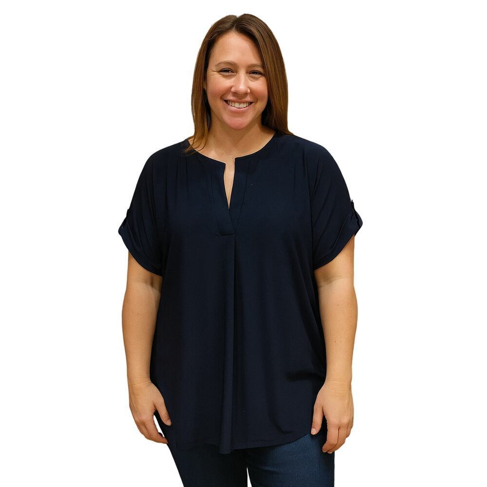 NWT Anne klein business casual split neck roll sleeve navy blue relaxed top XL
